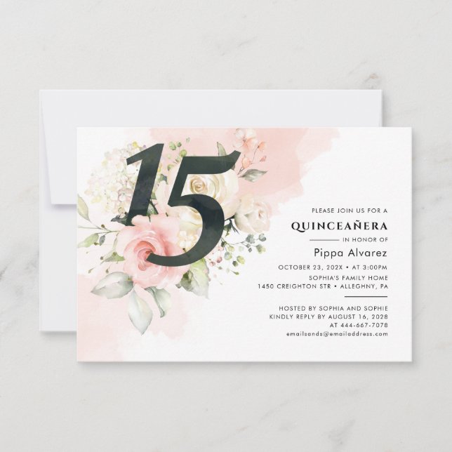 Modern 15-års födelsedags blomster rosa Quinceaner Inbjudningar (Framsida)