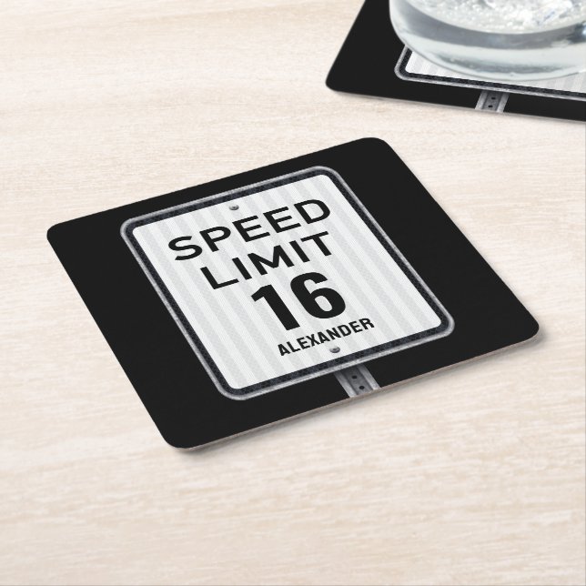 Modern 16th Birthday Speed Sign Underlägg Papper Kvadrat (Vinklad)