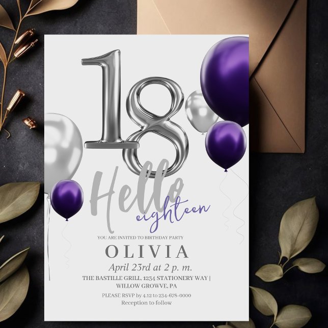 Modern 18:e Födelsedagsfest Silver Lila Bubons Inbjudningar (Skapare uppladdad)