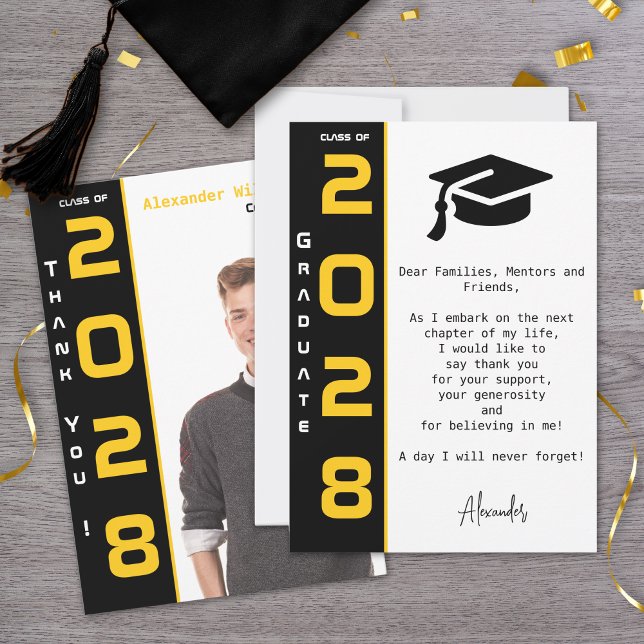 Modern 1 Photo Gold Black Graduation Tack Kort (Skapare uppladdad)