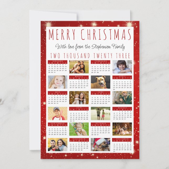 Modern 2023-kalender 12 Photo Collage Red Ljus Julkort (Framsida)
