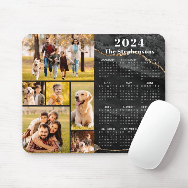 Modern 2024-kalender 6 fotokollage svart agate musmatta (Med mus)