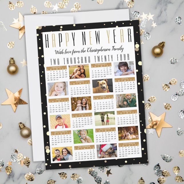 Modern 2024-kalender Black Guld 12-fotokollage Julkort (Skapare uppladdad)