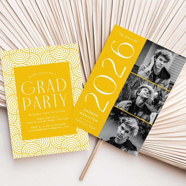 Modern 2025-Gult 3-foto-Studentfest Inbjudningar (Skapare uppladdad)