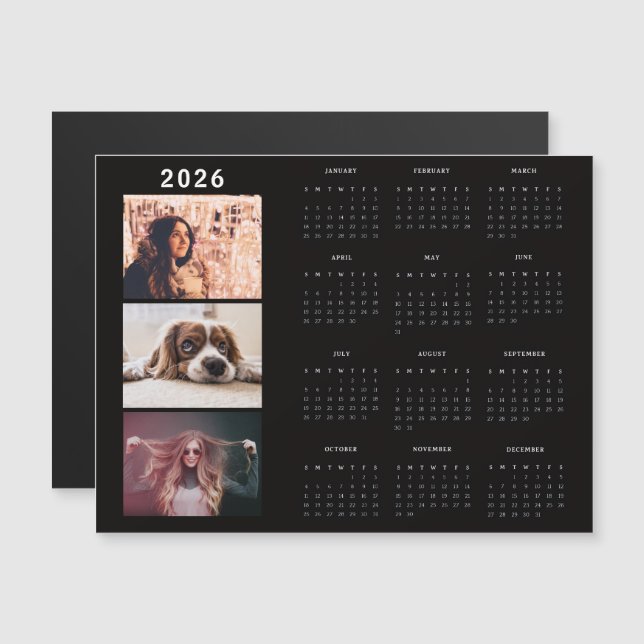 Modern 2026 Calendar 3 Photo Collage Magnet Card (Fram/baksida)