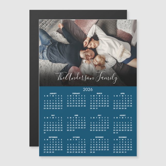 Modern 2026 Calendar Family Photo Blue Magnet (Fram/baksida)