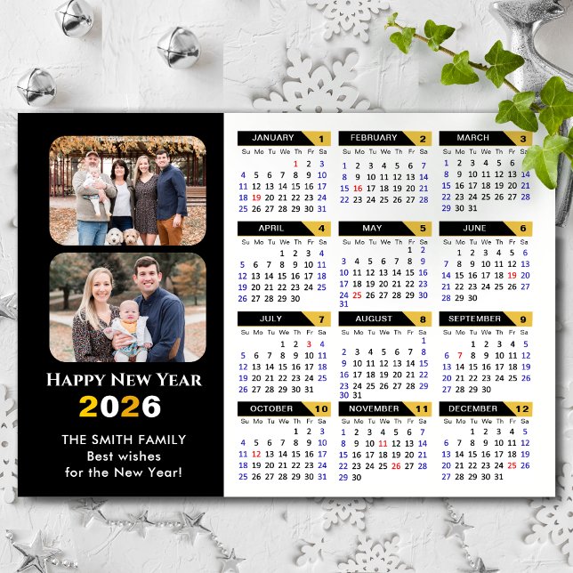 Modern 2026-kalender 2 Photo Black Guld Magnetic (Skapare uppladdad)