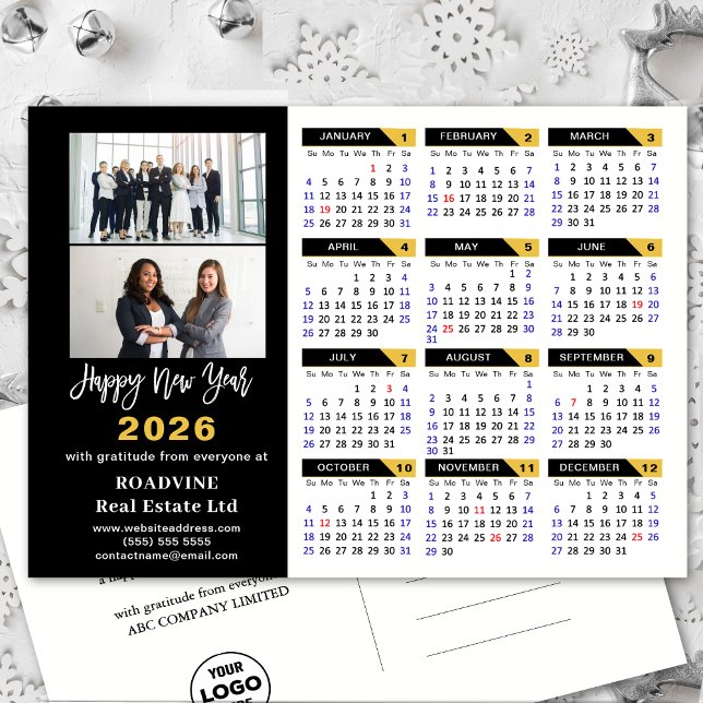 Modern 2026-kalender Guld Black Business 2-foto Helg Vykort (Skapare uppladdad)