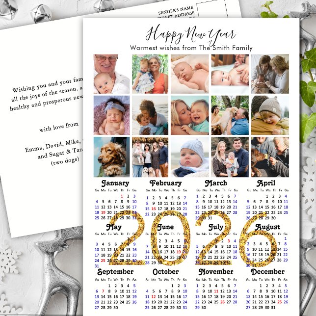 Modern 2026-kalender Guld-skript 15 fotokollage Helg Vykort (Skapare uppladdad)