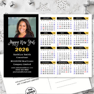 Modern 2026-kalender, svart affärsfoto i Guld Helg Vykort