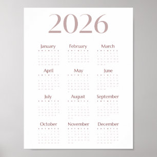Modern 2026 Minimalistisk Kalender i Ett Ark Poster