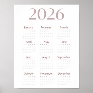 Modern 2026 Minimalistisk Kalender i Ett Ark Poster
