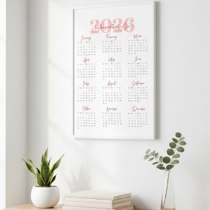 Modern 2026 Väggkalender Rosa & Röd Minimalistis Poster