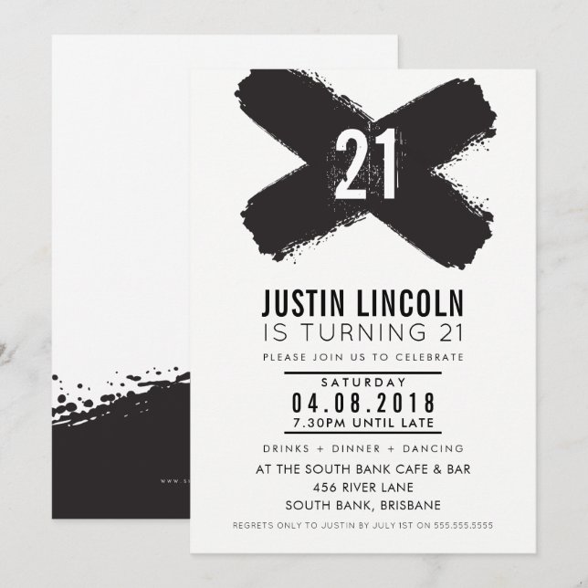 MODERN 21:a födelsedag party svarta penseldrag Inbjudningar (Fram/baksida)