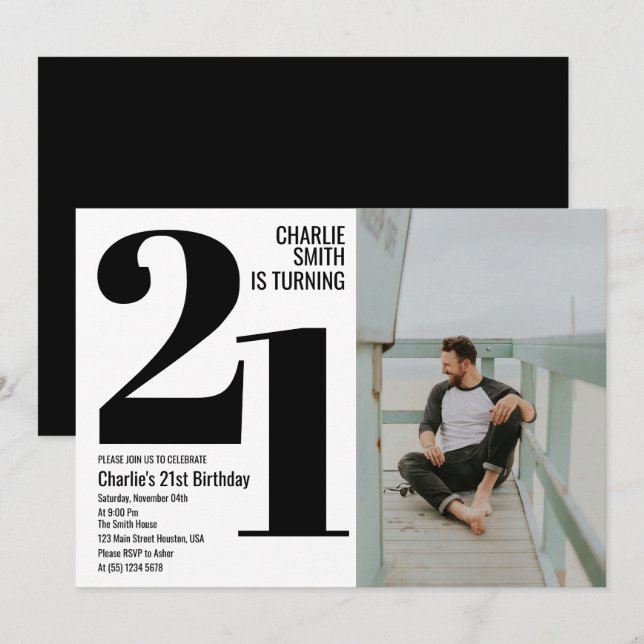 Modern 21:a födelsedag, svart och vitt foto Party Inbjudningar (Fram/baksida)