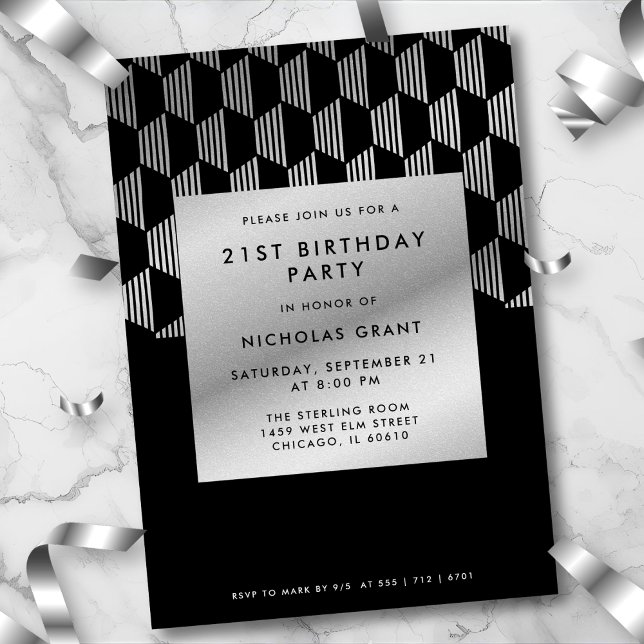 Modern 21-års Födelsedags Klassisk Svart Falsk Sil Inbjudningar (Bold black & faux silver geometric style. Modern design for a chic 21st celebration.
)