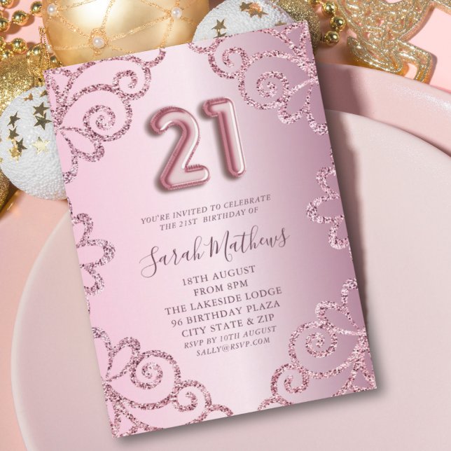 Modern 21-årsdag Rosa Glitter Gnistrande  Inbjudningar (Skapare uppladdad)