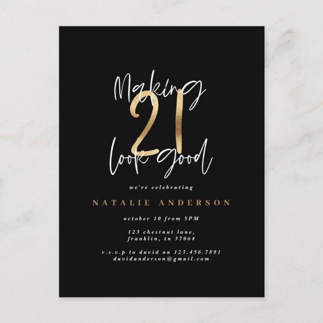 Modern 21-årsdag typografi svart och guld vykort (Framsida)