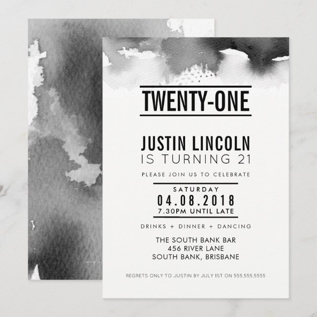 MODERN 21ST-födelsedag party INBJUDAN typ svart (Fram/baksida)