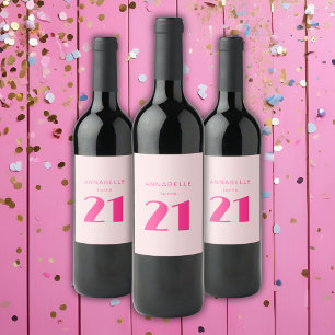 Modern 21st Tjugoförsta Rosa Födelsedagsfest Vinflaska Etikett