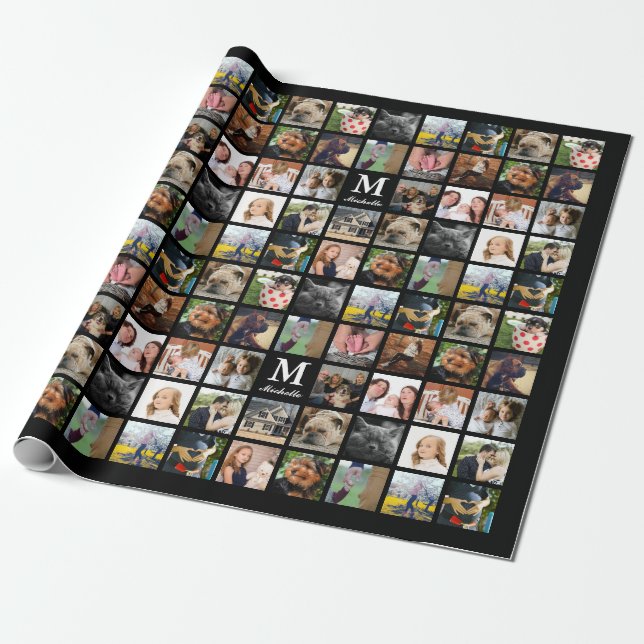 Modern 24-familjens fotokollage med initial & Namn Presentpapper (Utrullad)