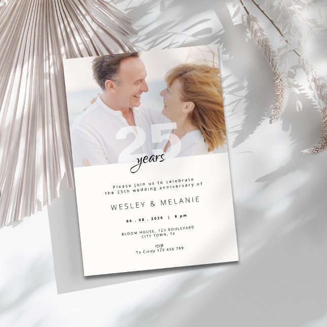 Modern 25-års bröllopsdag med foto inbjudningar (modern 25th wedding anniversary invitation with photo)