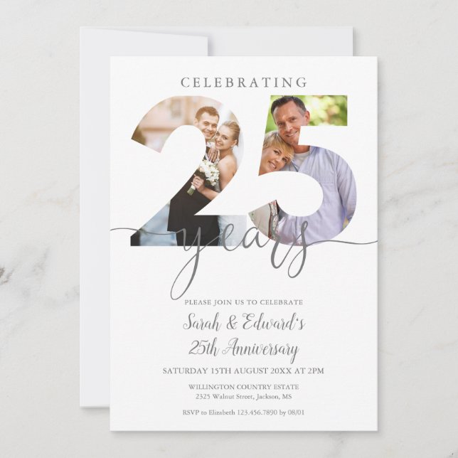 Modern 25-årsjubileum för bröllop 2 bilder  inbjudningar (Framsida)