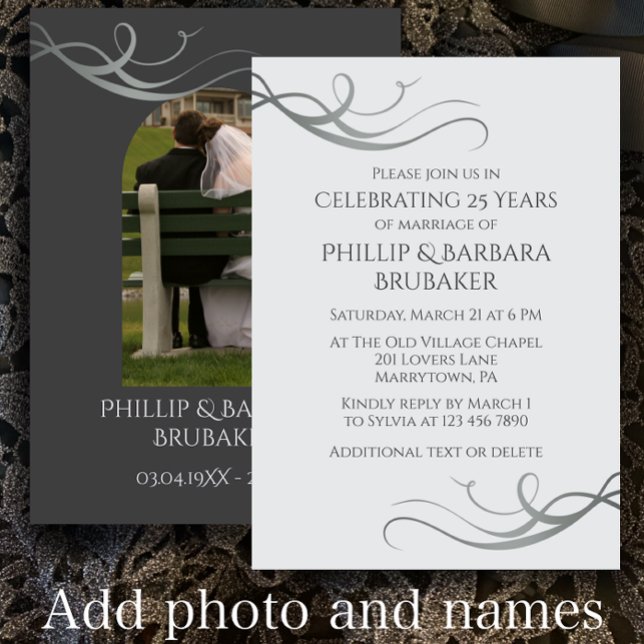 Modern 25:e Bröllop-årsfoto för Silver Inbjudningar (Personalize this unique invitation template. Create a custom 25th wedding anniversary party invite
)