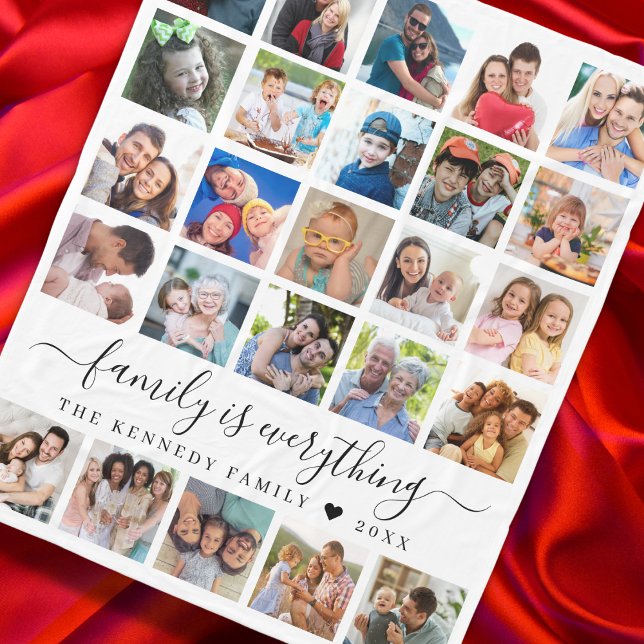 Modern 25 foto Collage Quote Family Namn Fleecefilt ("Customize your 25-photo collage blanket. Tailored with family name—Family is Everything.")