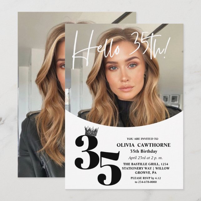 Modern 2-foto-35e, svart födelsedagsvit inbjudningar (Fram/baksida)