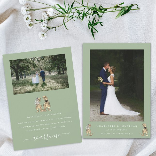 Modern 2 Foto Dinosaurie Tema Bröllop Salvia Grön Tack Kort (Dinosaur theme wedding photo thank you sage green flat card T-Rex bride and groom elegant script)