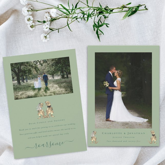 Modern 2 Foto Dinosaurie Tema Bröllop Salvia Grön Tack Kort (Dinosaur theme wedding 2 photo thank you sage green flat card T-Rex dino Bride and groom elegant )