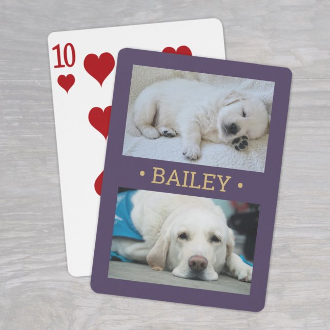 Modern 2 foto Hund eller någon Namn Lila och Guld Casinokort (Skapare uppladdad)