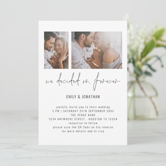Modern 2-foto QR-kod Romantic Bröllop Inbjudningar (Stående Fram)