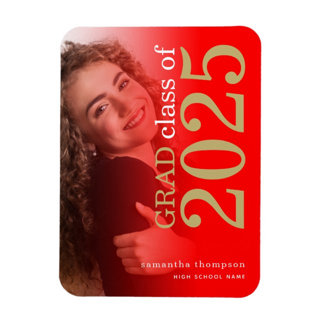 Modern 2-foto Red Guld 2025 Studenten Announceme Magnet (Vertikal)