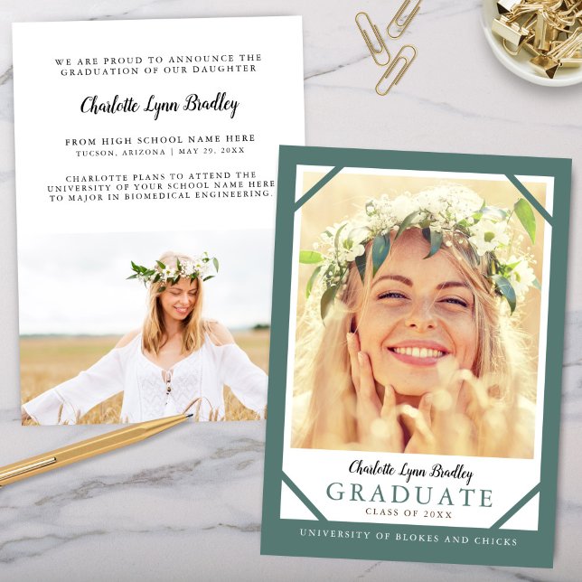 Modern 2 Foto Turkosblå Examen Inbjudan (Modern Trendy Teal Blue Green Graduate Graduation Announcement Reception Invitation)