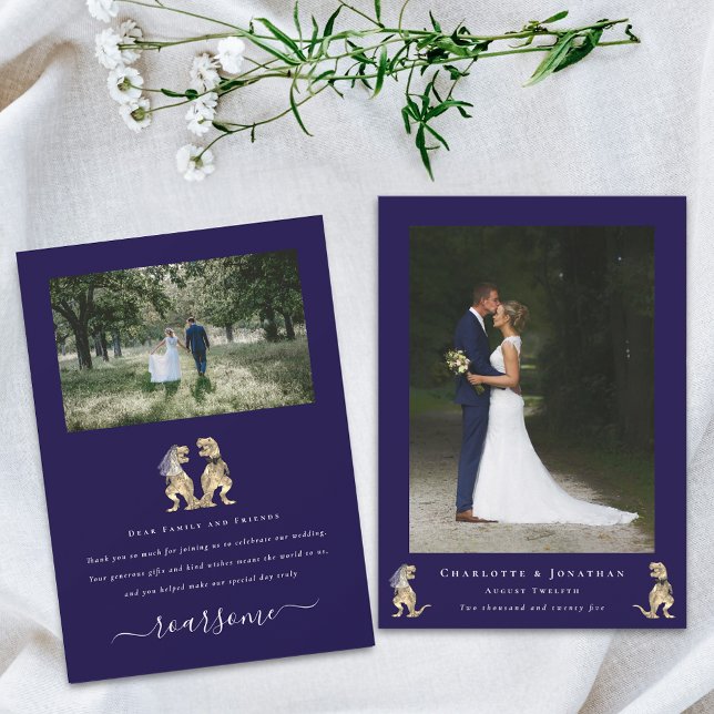 Modern 2 Fotografi Dinosaurie Tema Bröllop Marinbl Tack Kort (Dinosaur theme wedding photo thank you navy blue flat card T-Rex dino bride and groom elegant script)
