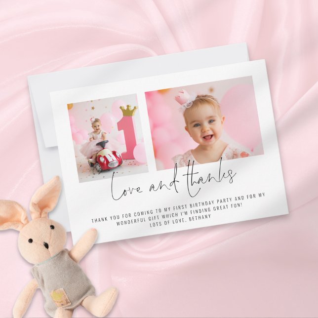 Modern 2 foton 1:a födelsedag Kärlek och tackkort Inbjudningar (Skapare uppladdad)