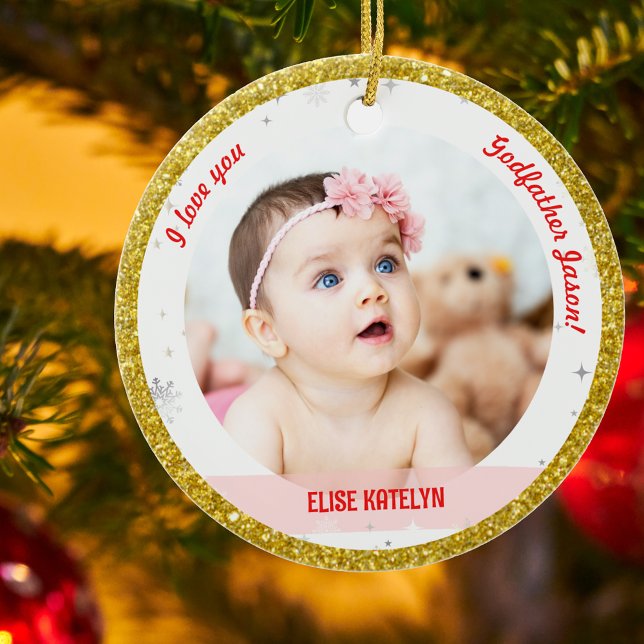Modern 2 foton Flicka 1:a julgudfadern Julgransprydnad Keramik (Modern Elegant Cute I love you, Godfather! First Christmas Baby Girl 2 Photos Golden Faux Glitter)