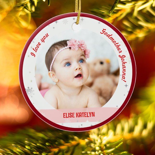 Modern 2 foton Flicka 1:a julgudmodern Julgransprydnad Keramik (Cute Modern Elegant Personalized First Christmas Baby I love you Godmother Baby Girl 2 Photos Snow)