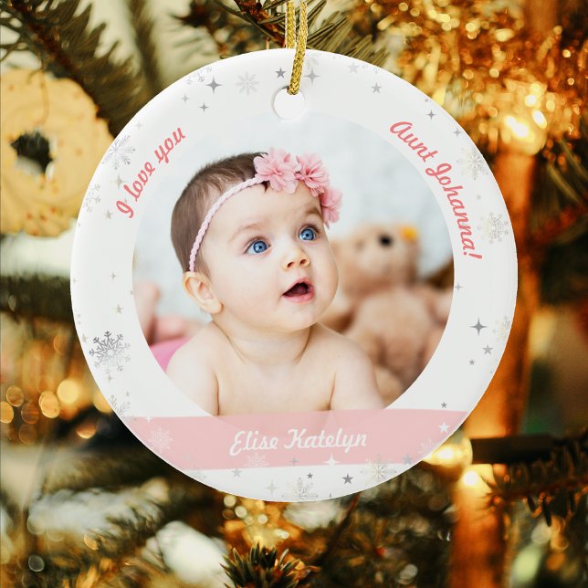 Modern 2 foton Flicka Första jul Moster Julgransprydnad Keramik (Elegant Cute Modern My First Christmas Baby Girl I love you Aunt Year 2 Photos Snowflakes Stars)
