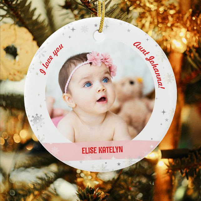 Modern 2 foton Flicka Första jul Moster Julgransprydnad Keramik (Modern Cute We love you, Aunt! First Christmas Newborn Baby Girl. 2 Personalized Photos. Snowflakes)