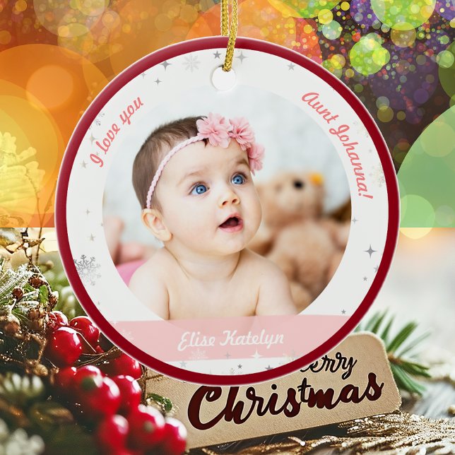 Modern 2 foton Flicka Första jul Moster Julgransprydnad Keramik (Modern Elegant Cute First Christmas Baby Girl I love you Aunt Auntie Name 2 Photos Snowflakes Stars)