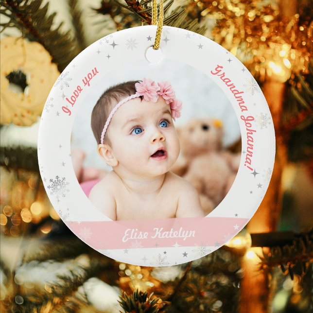 Modern 2 foton Flicka Första julmormor Julgransprydnad Keramik (Elegant Cute Modern My First Christmas Baby I love you Grandma Grandmother 2 Photos Snowflakes Stars)