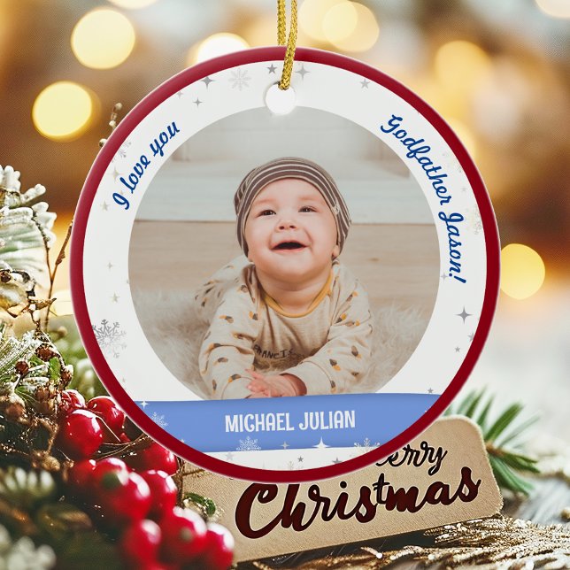 Modern 2 foton Pojke 1:a julgudfadern Julgransprydnad Keramik (Cute Modern Elegant Personalized First Christmas Baby I love you Godfather Baby Boy 2 Photos Snow)