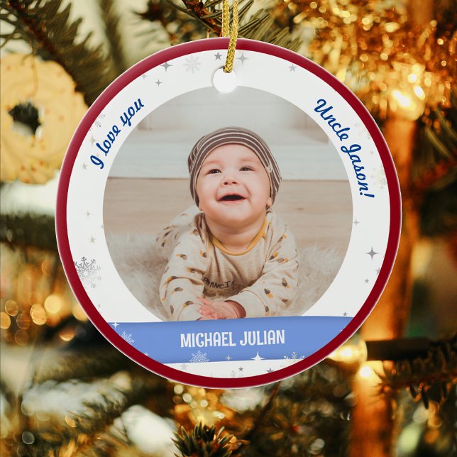 Modern 2 foton Pojke Första julmorsan Julgransprydnad Keramik (Cute Modern Elegant Personalized First Christmas Baby I love you Uncle Baby Boy 2 Photos Snowflakes)