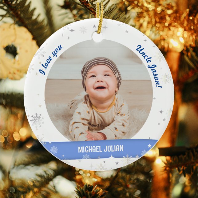 Modern 2 foton Pojke Första julmorsan Julgransprydnad Keramik (Modern, Cute, Elegant I love you, Uncle! First Christmas Baby Boy. 2 Personalized Photos. Snowflakes)