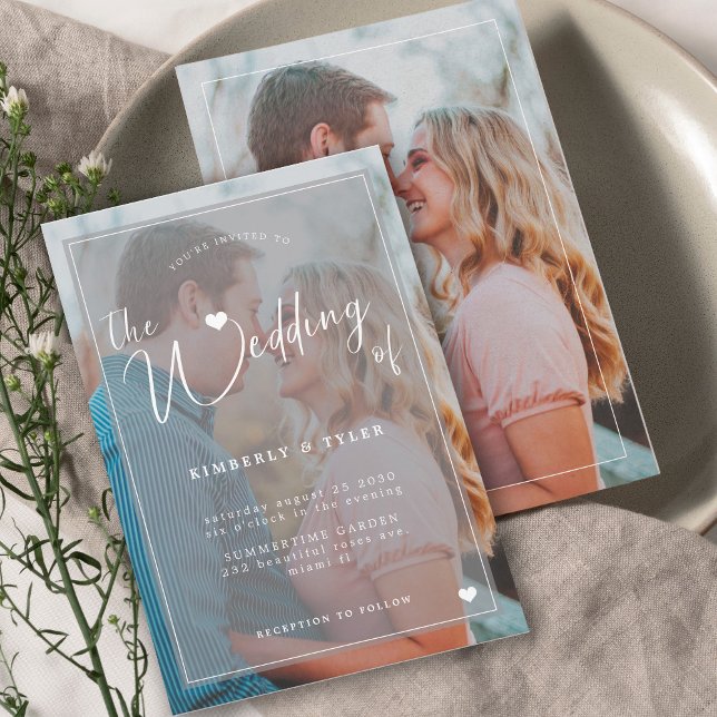 Modern 2 foton vit övertäckning chic bröllop inbjudningar (Skapare uppladdad)