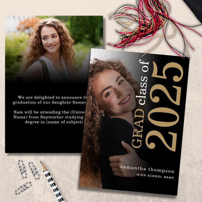 Modern 2 fotosvart Guld 2023 Studenten Meddelande (front and back view)