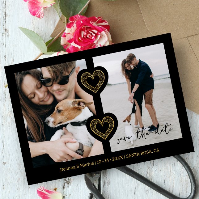Modern 2 multifoton och 2 Snöre Hearts Black & Gul Spara Datumet (Modern 2 Multi Photos & 2 Fake Lace Hearts in Black & Faux Golden Wedding Save the Date Card.)